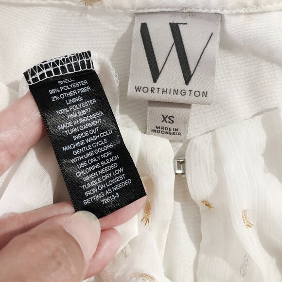 Worthington Blouse Womens Sz XS White Gold/Silver Details Round Neck Long Sleeve - Picture 7 of 7